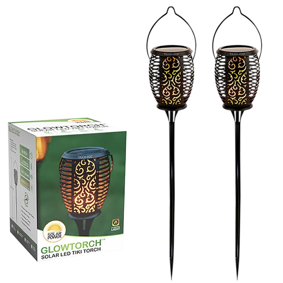 2-Pack: Touch of Eco Solar LED Tiki Lights with Optional 26" Stakes