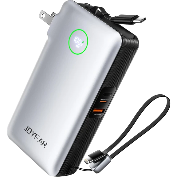 JOYFAR 10,000mAh GaN 35W Power Bank with Wall Plug & Retractable USB-C Cable