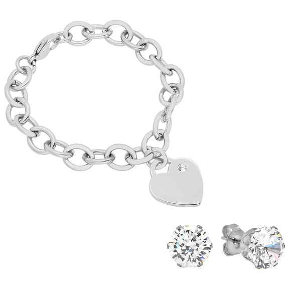 Steeltime Set of 2 Swarovski Crystal Rolo Heart Bracelet & Earrings Set