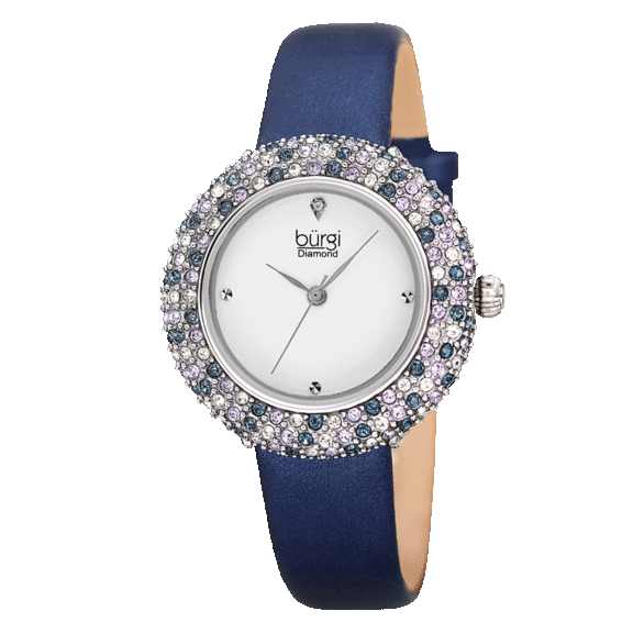 Burgi Vibrant Colorful Swarovski Crystal Diamond Satin Leather Strap Watch