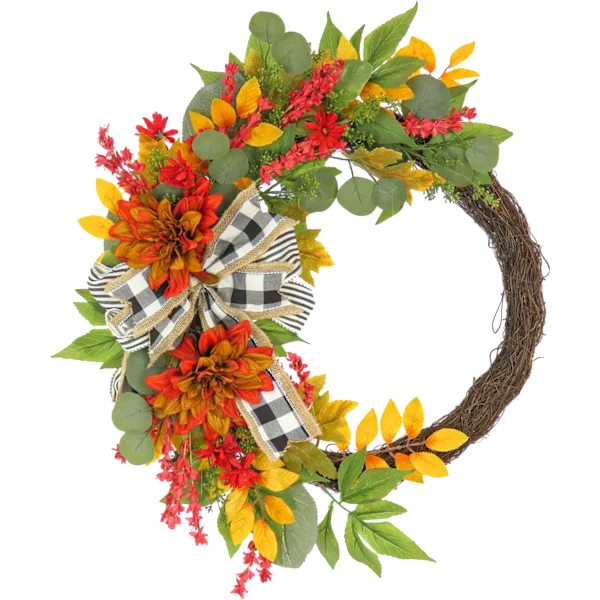 National Tree Company 24" Harvest Wreath with Twig, Dahlia, Eucalyptus & Bow