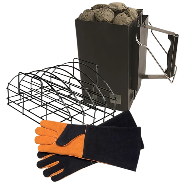 Steven Raichlen Rib Rack, XL Chimney Starter and Leather Grilling Gloves Bundle