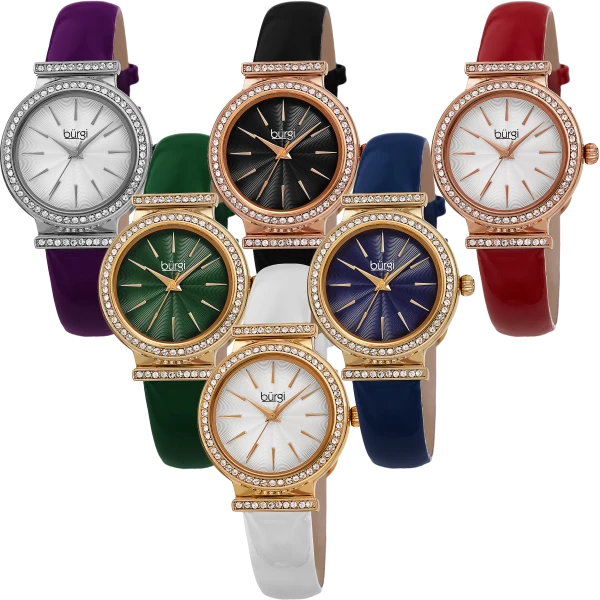 Burgi Leather Strap Watch with Swarovski Crystal Bezel