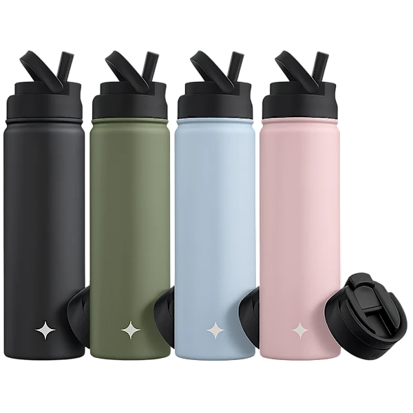 4-Pack: JoyJolt 22oz Water Bottle with Flip Lid & Sport Straw Lid