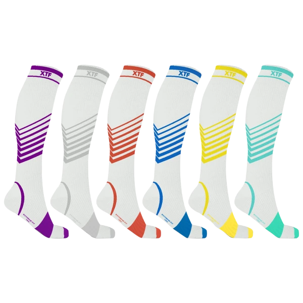 6-Pack: XTF Ultra V-Striped White Edition Knee-High Compression Socks