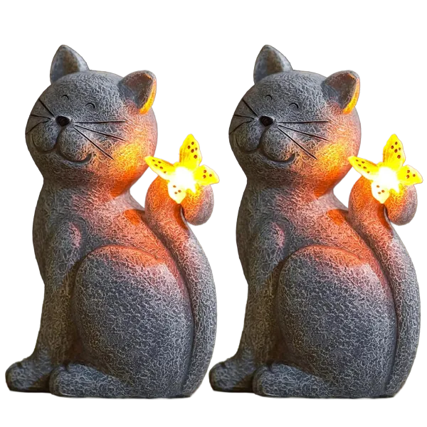 2-Pack: Nacome Outdoor Garden Cat Statue with Illuminated Solar Butterfly