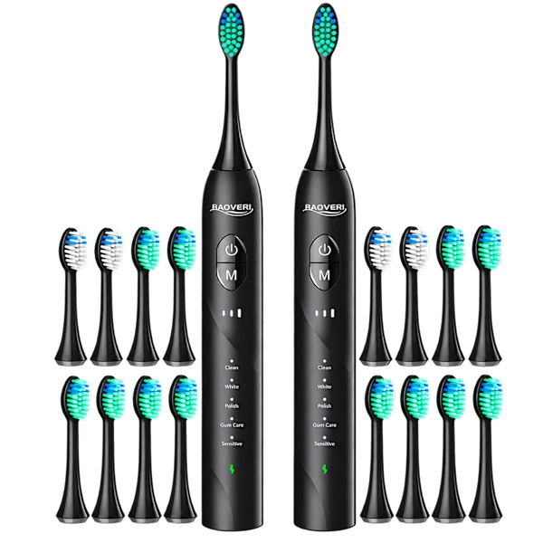 2-Pack: BAOVERI D12 Ultrasonic Whitening Toothbrush with 16 Brush Heads