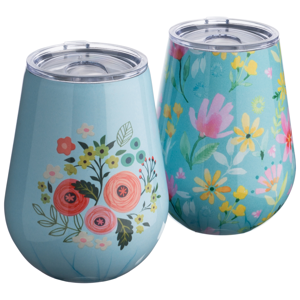 2-Pack: 14oz Wine Tumblers (Placed Print & Blue Floral)