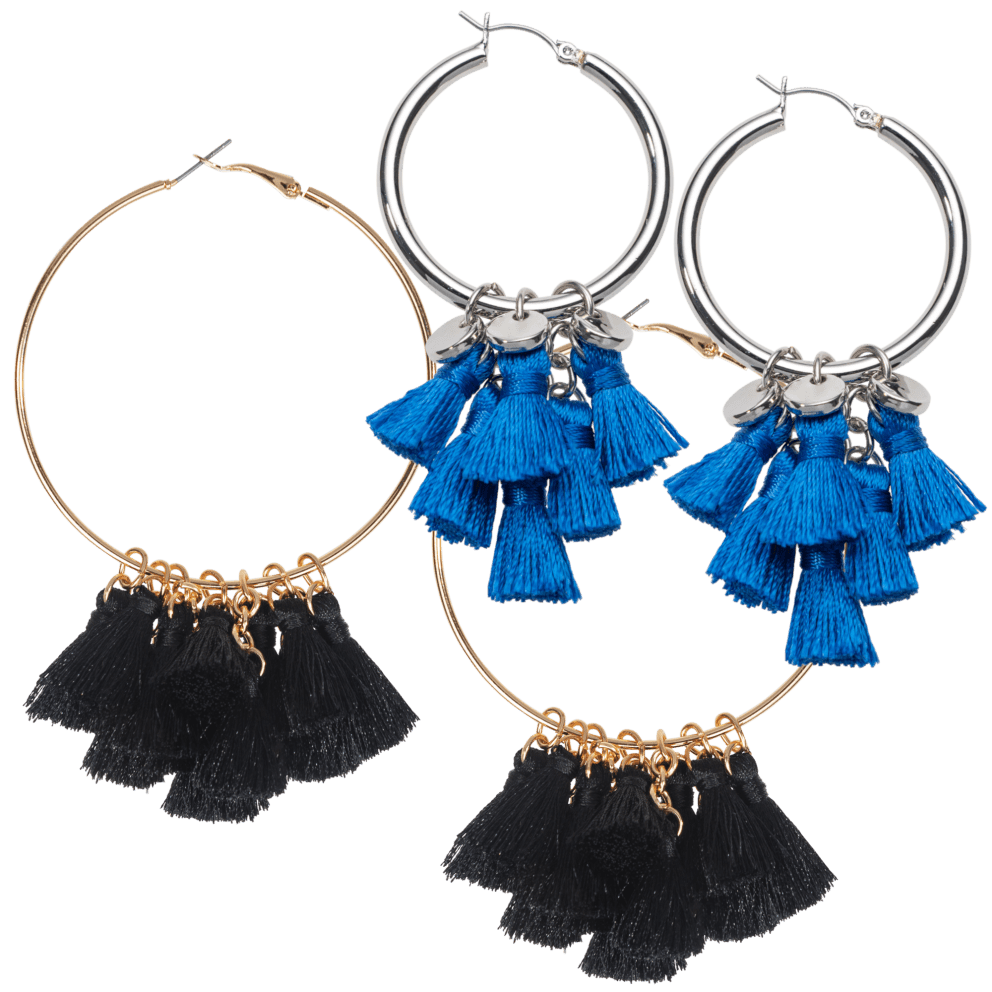 Hoop w/ Black Tassel Drop & Rhodium Hoop w/ Blue Tassels