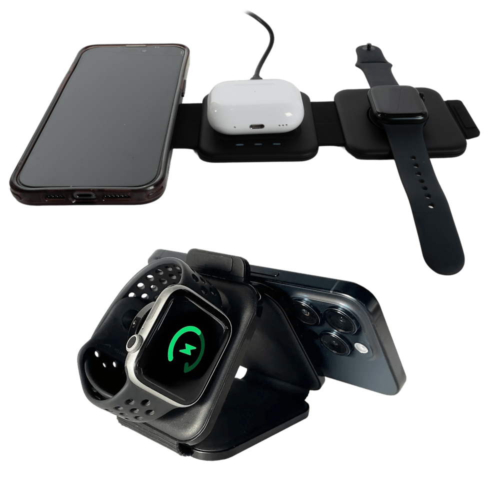 The 3-in-1 Charging Pads fold up or lays flat for all your devices