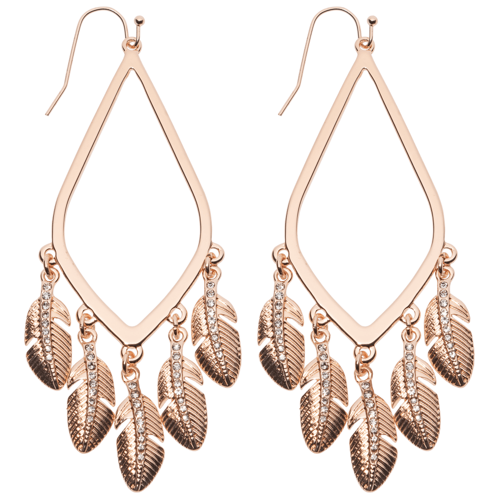 Teardrop Earrings with Feathers - Rose Gold Tone