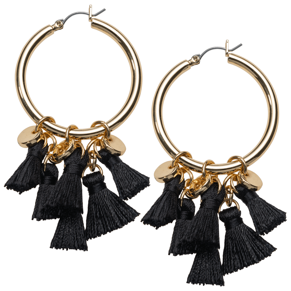 Gold Tone Hoop with Tassels - Black