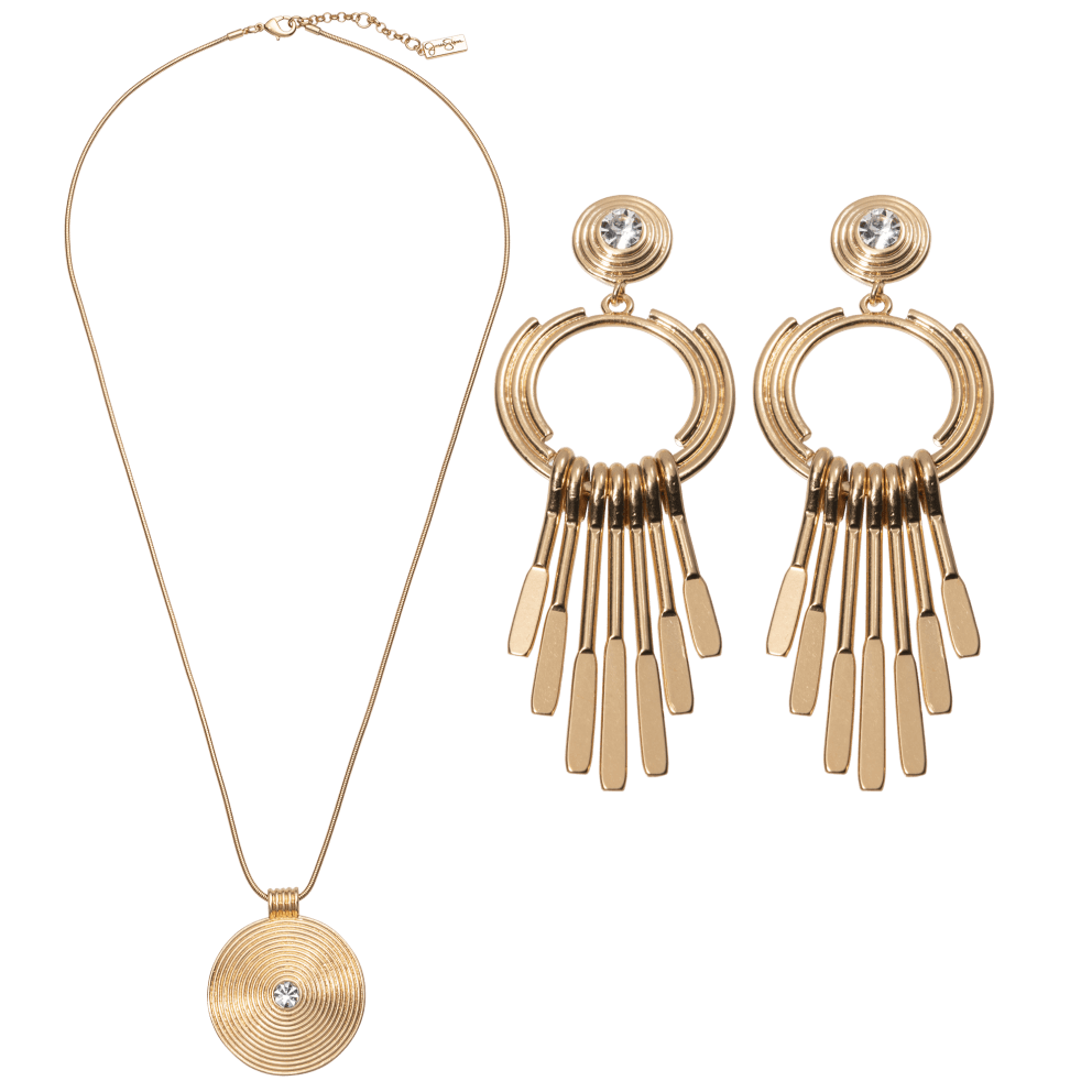 Gold Circle Drop Earrings & Gold Circle-Lined Pendant