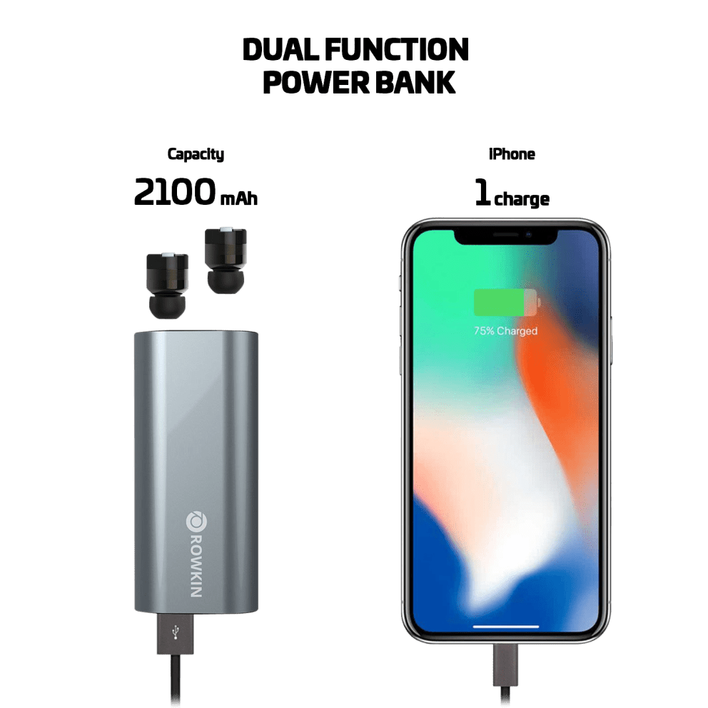 The dual-function charger allows you to charge both earbuds up to 15x and acts as a power bank for other devices.