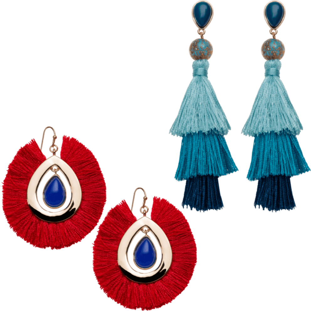 Red Fan Earrings & Blue Tassel Earrings