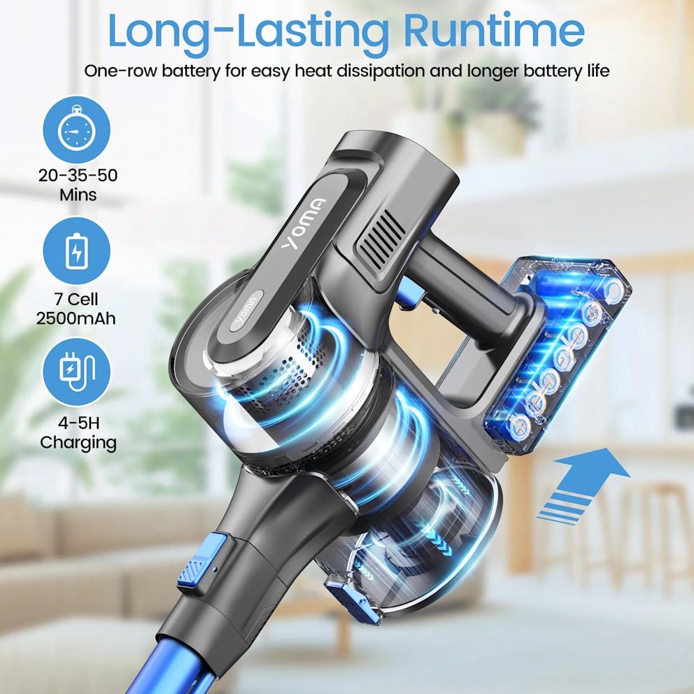7-Cell 2500mAh Battery Delivers Up to 50 Minutes of Cordless Cleaning