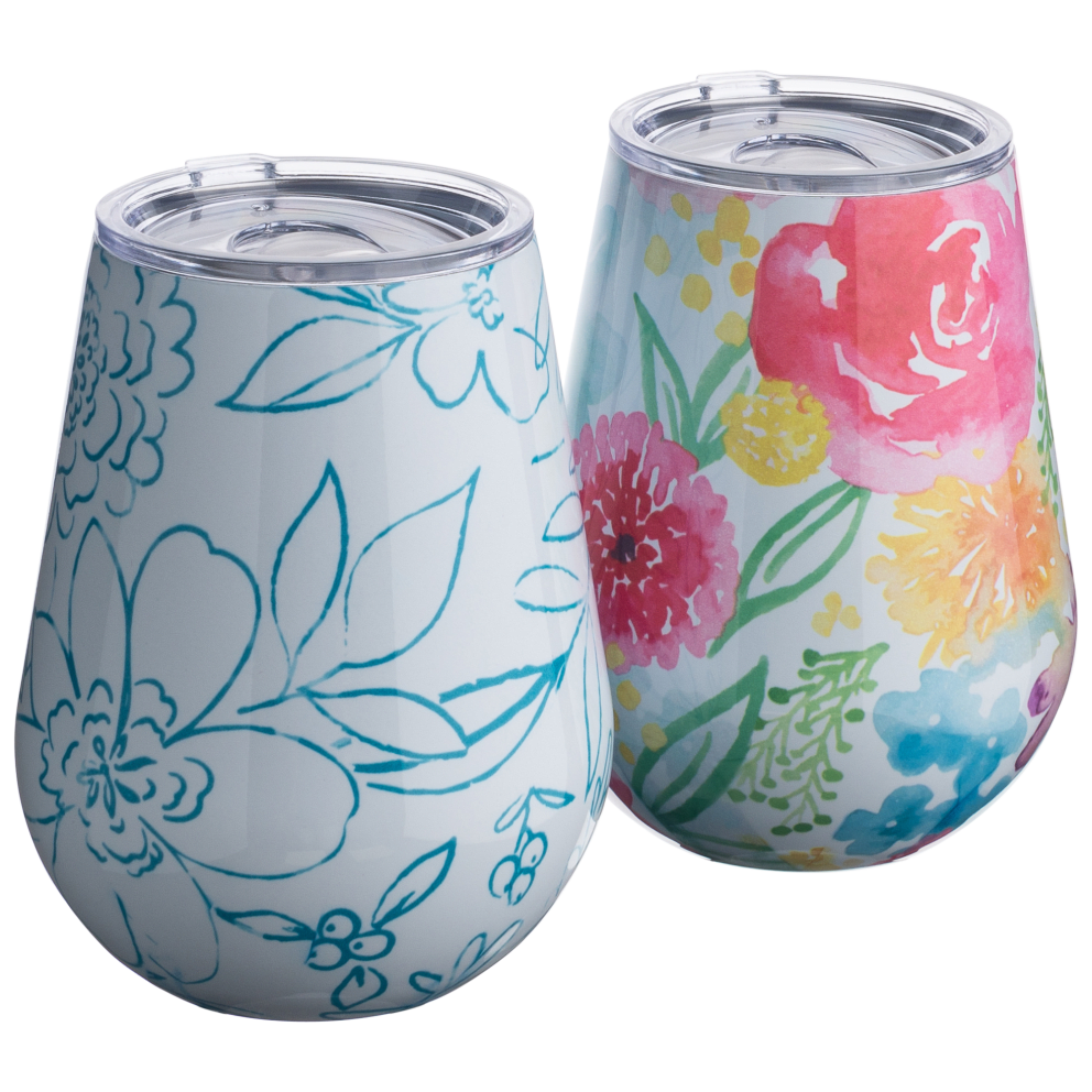 2-Pack: 14oz Wine Tumblers (Watercolor & Blue Sketch)