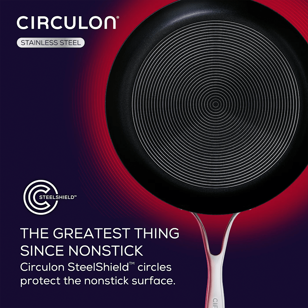 Raised stainless steel circles help reduce wear on the nonstick coating.