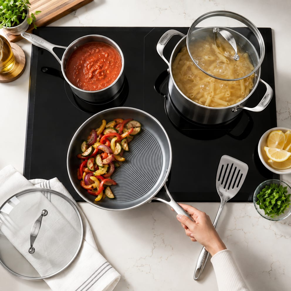 Hybrid nonstick surfaces deliver effortless food release and easy cleanup.