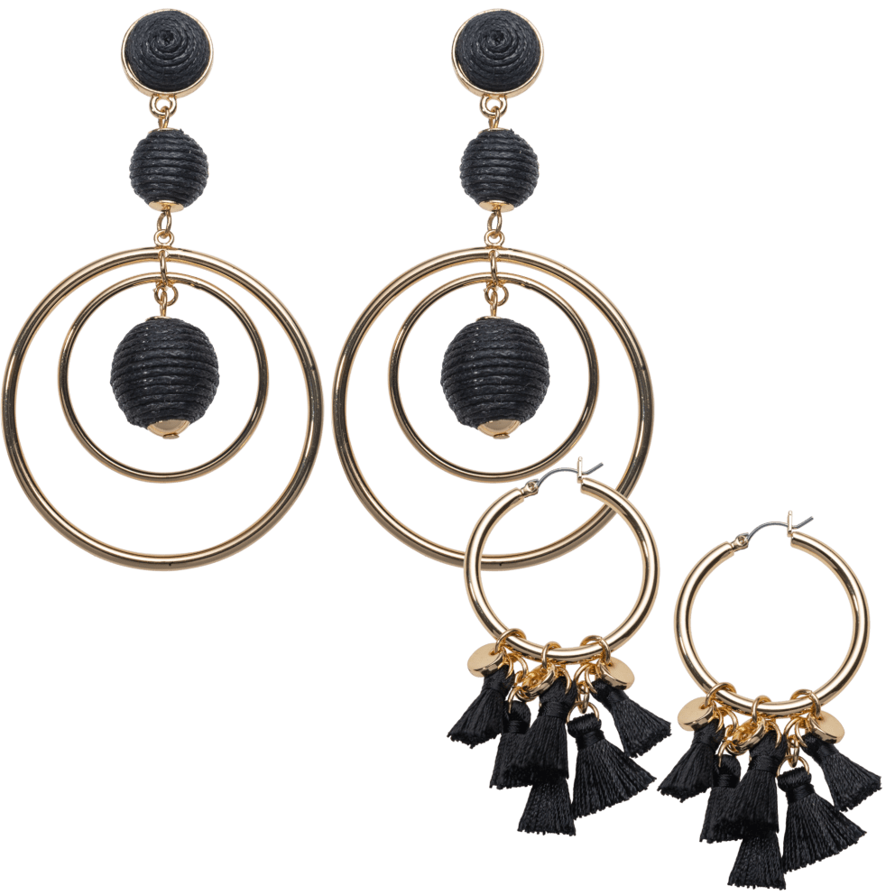 Gold Hoop w/ Black Tassels & Black Ball Drop Elliptical Earrings