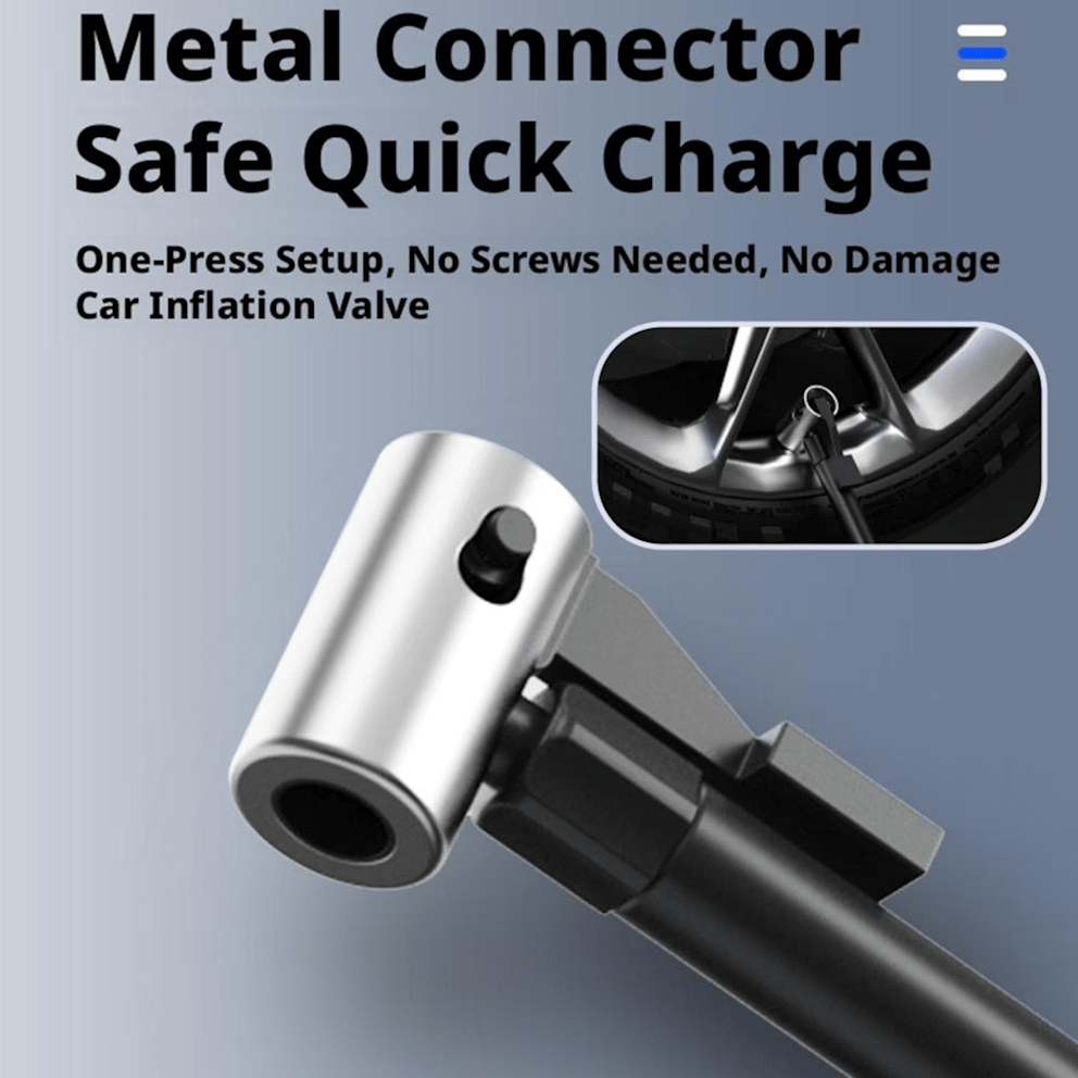 One-touch metal connector locks securely onto tire valves.