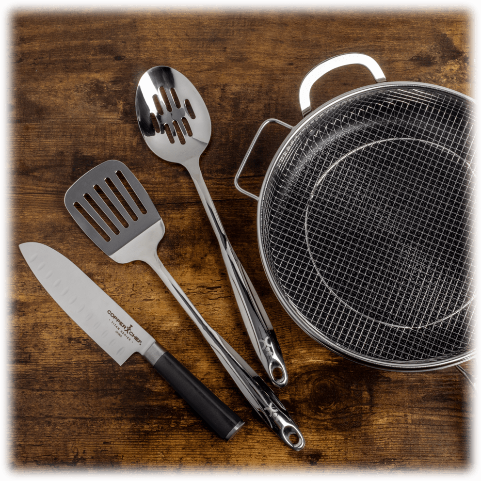 Includes Stainless 5.5" Santoku Knife, Slotted Spoon and Spatula
