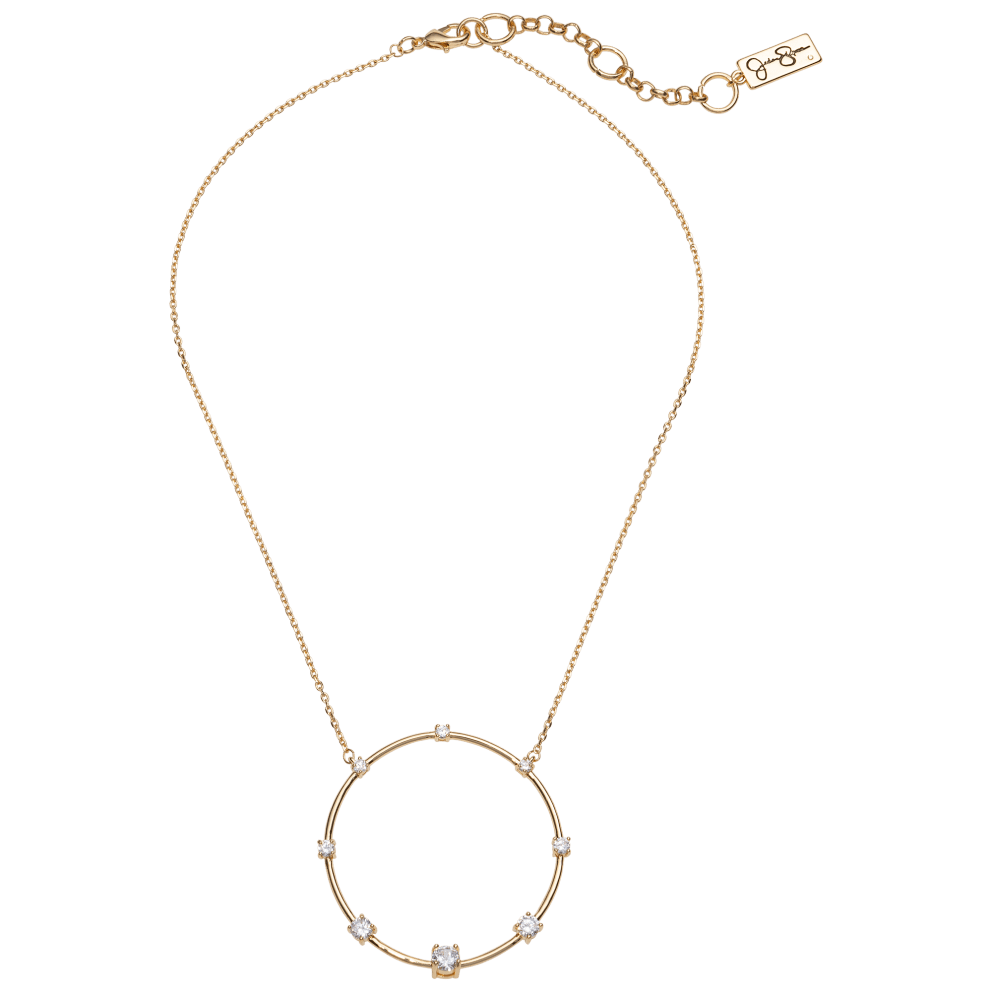 16" Circle w/ CZ Pendant Necklace - Gold Tone