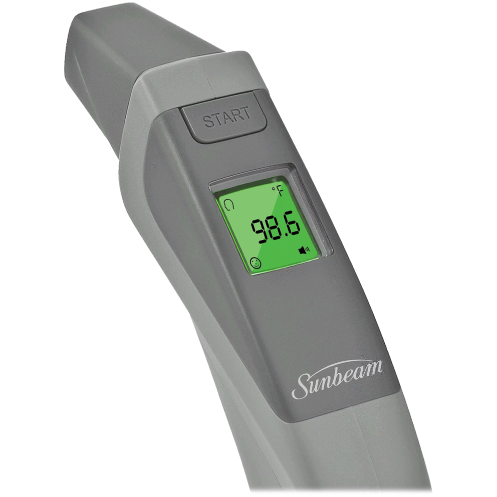 The large, backlit LCD display illuminates readings, featuring a color-coded fever indicator & audio alert warning