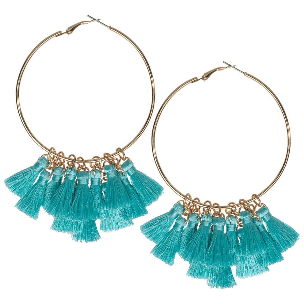 Gold Tone Hoop with Tassel Drop - Turquoise