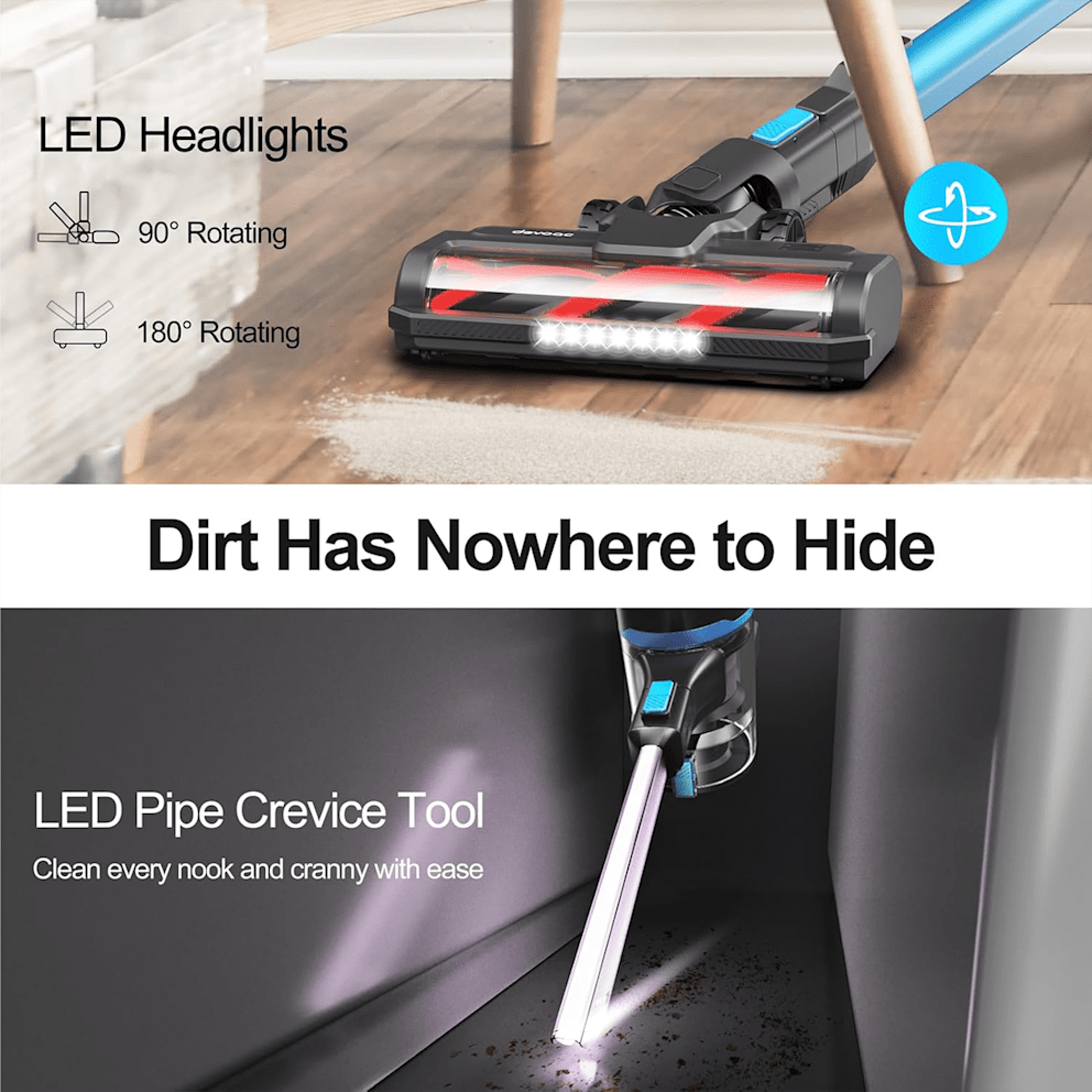 LED Headlights and an Illuminated Crevice Tool Help Reveal Dirt in Hard-to-Reach Areas