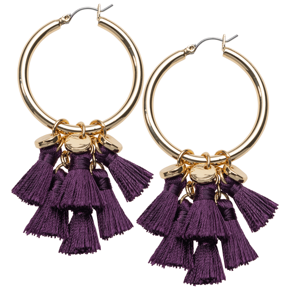 Gold Tone Hoop with Tassels - Plum