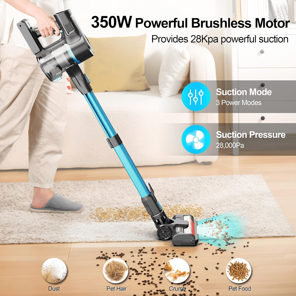 350W motor delivers up to 28kPa suction with 3 power modes