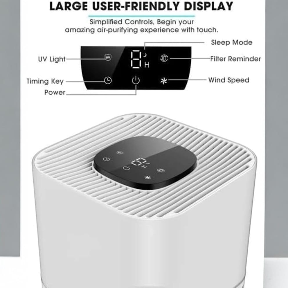 Touch-control display for fan speed, timer, sleep mode, and UV