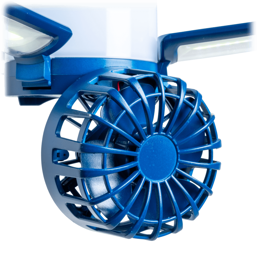 Built-in two-speed fan is great for camping or just to cool off