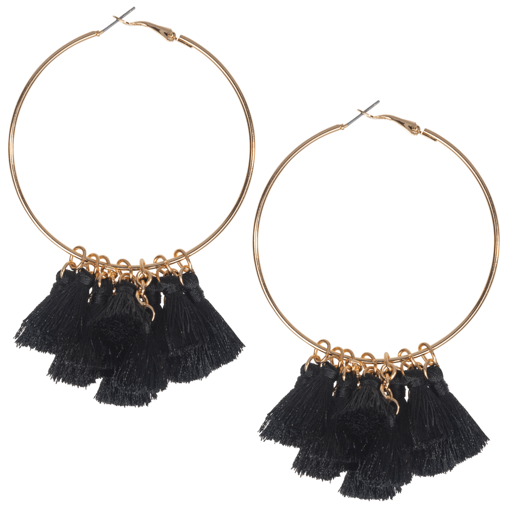 Gold Tone Hoop with Tassel Drop - Black