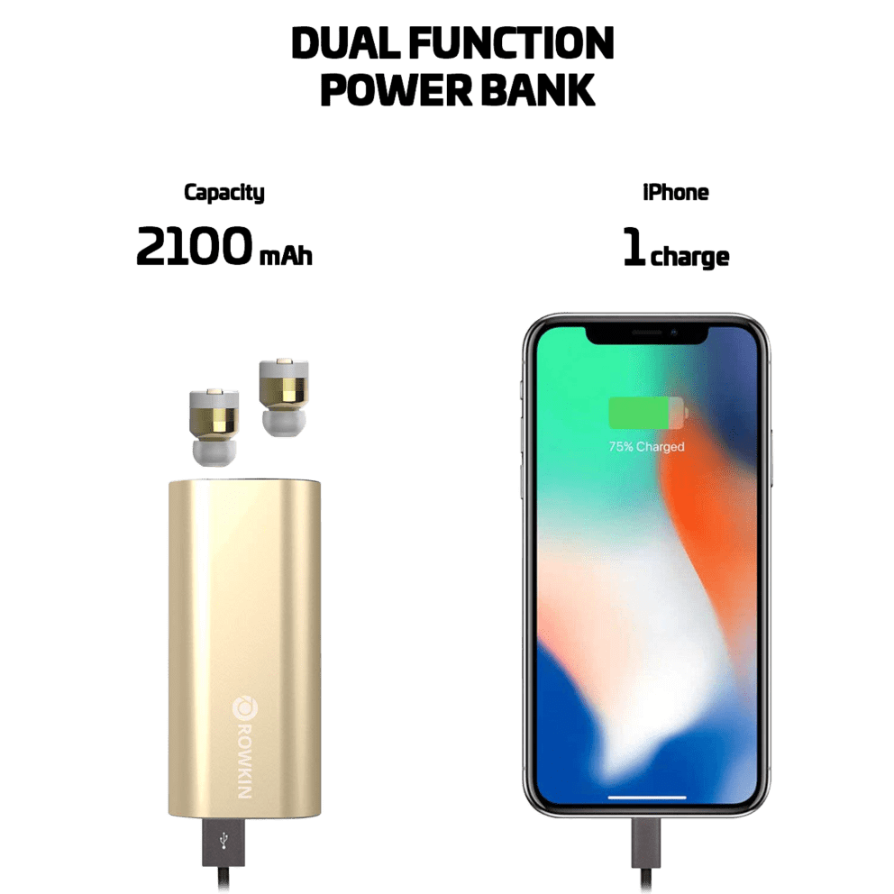 The dual-function charger allows you to charge both earbuds up to 15x and acts as a power bank for other devices.