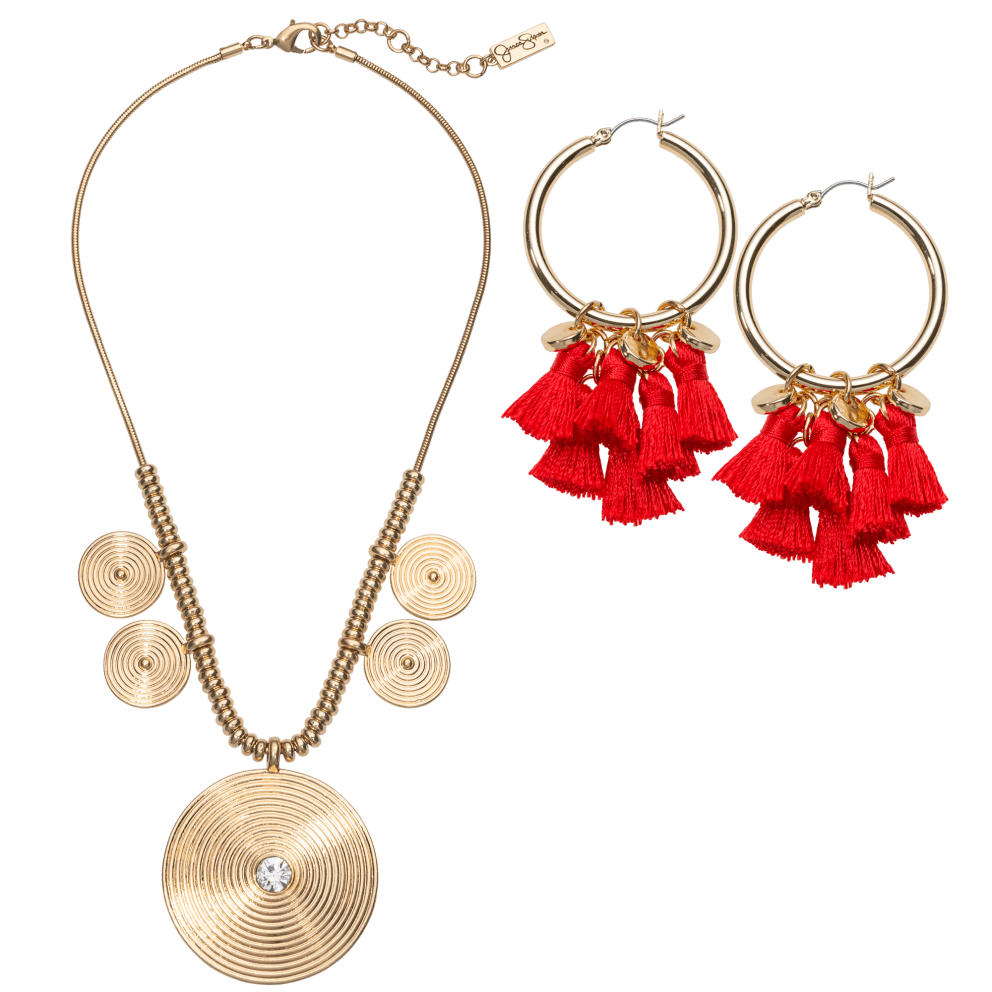 Gold Hoops w/ Red Tassel & Collar Necklace