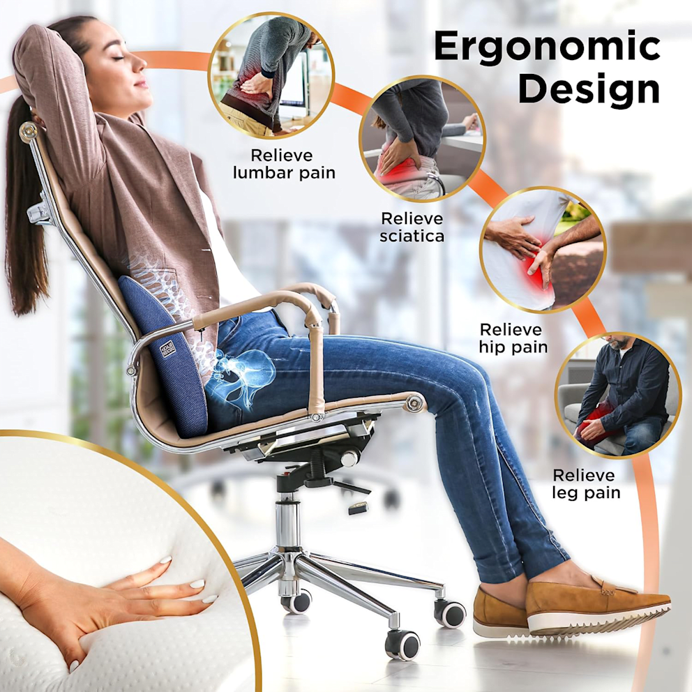 Contoured lumbar support promotes proper alignment.