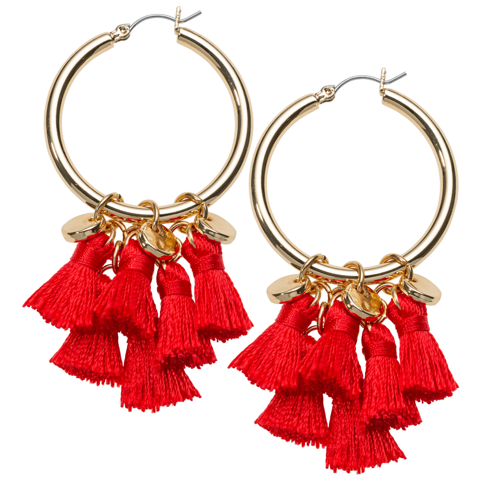 Gold Tone Hoop with Tassels - Red
