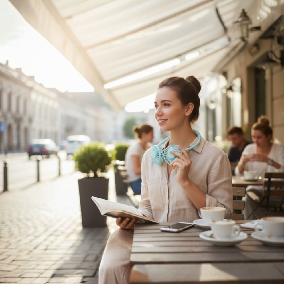 Hands free design rests comfortably around your neck for easy cooling