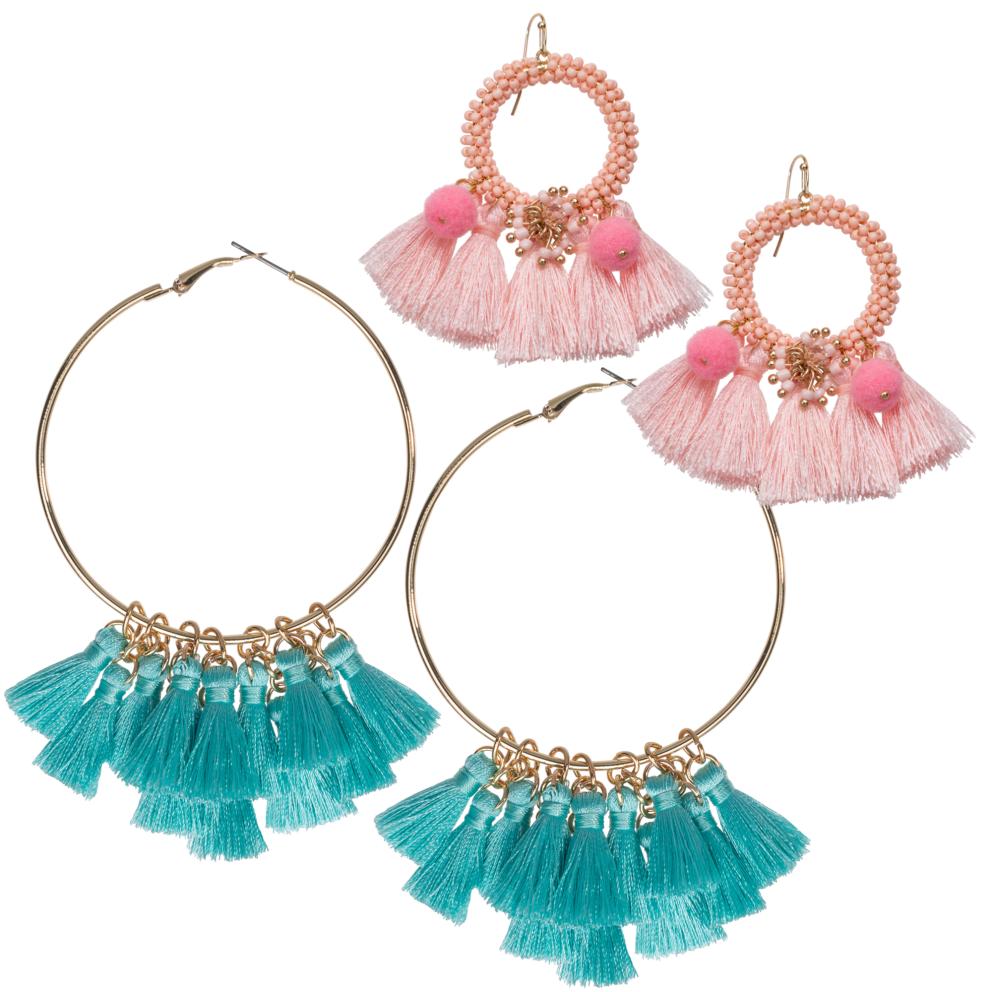 Hoop w/ Turquoise Tassel Drop & Pink Tassel Drop Earrings