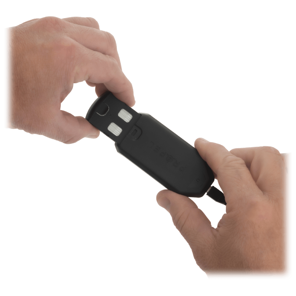 The 3 included batteries have an easy release, to slide into and out of the USB charger with just a click.
