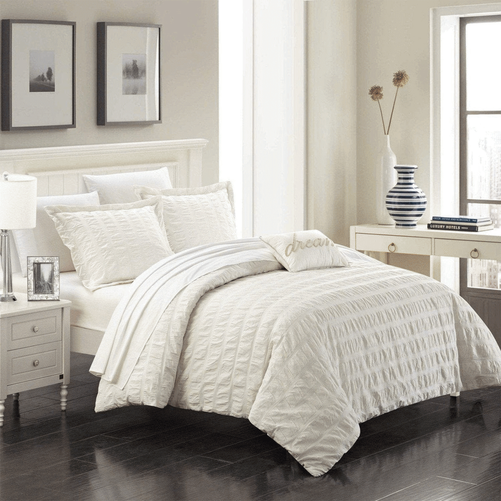 Millbury 4-Piece Duvet Sets in: Beige, Navy or White