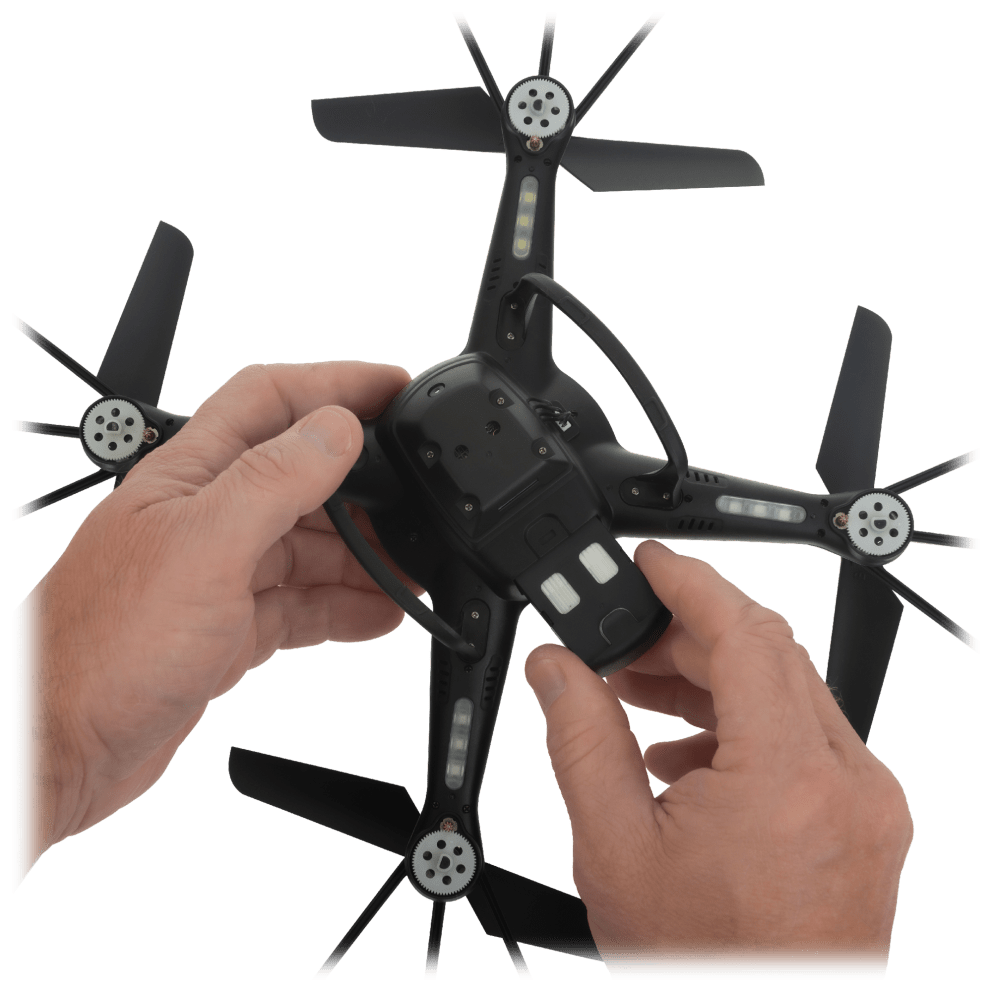 Easy release batteries slide into and out of the drone with just a click