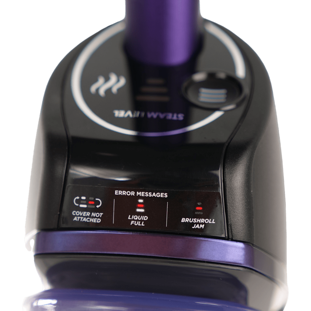 Indicator lights flag a full tank, brushroll jam or loose cover