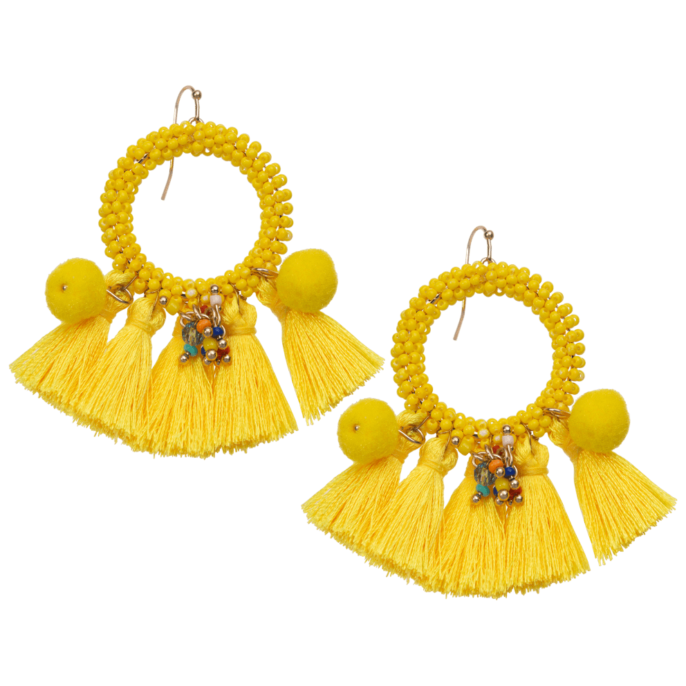 Seed Bead and Tassel Drop Earrings - Yellow