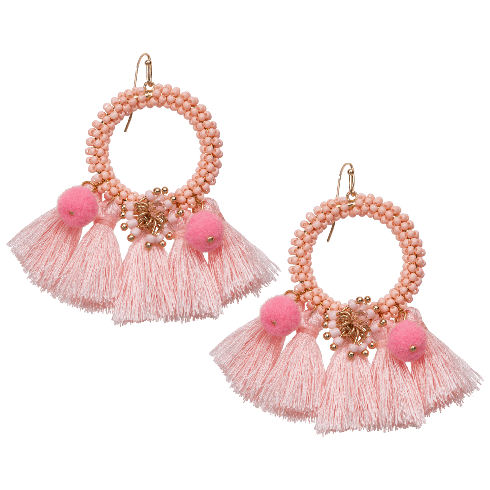 Seed Bead and Tassel Drop Earrings - Pink