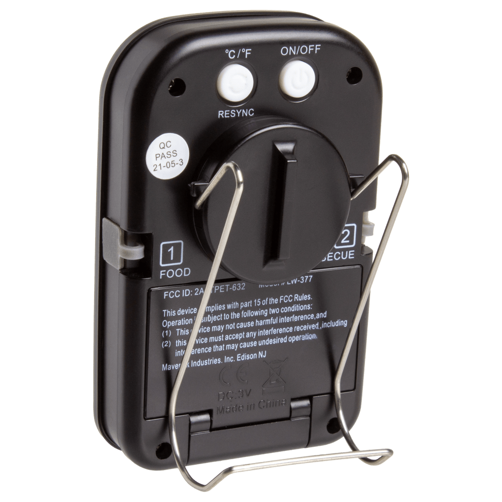 Transmitter includes hook/stand for placement on tables or hanging off handles