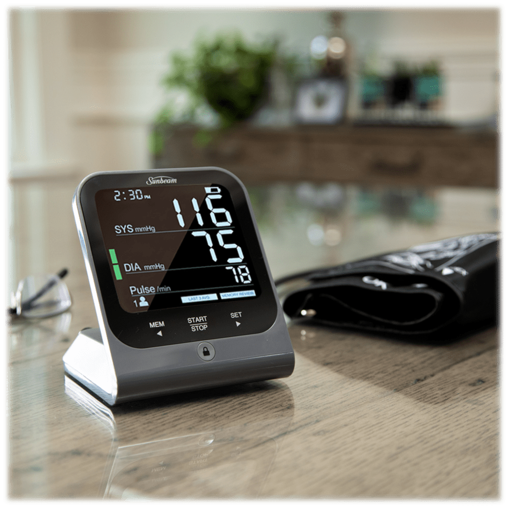 Extra large, upright, touchscreen LCD display with color-coded hypertension indicator