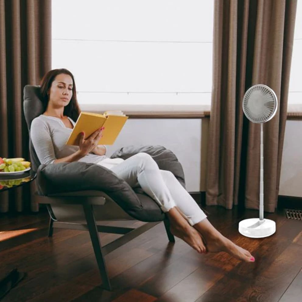 Adjusts from a table fan to a stand fan with telescoping design